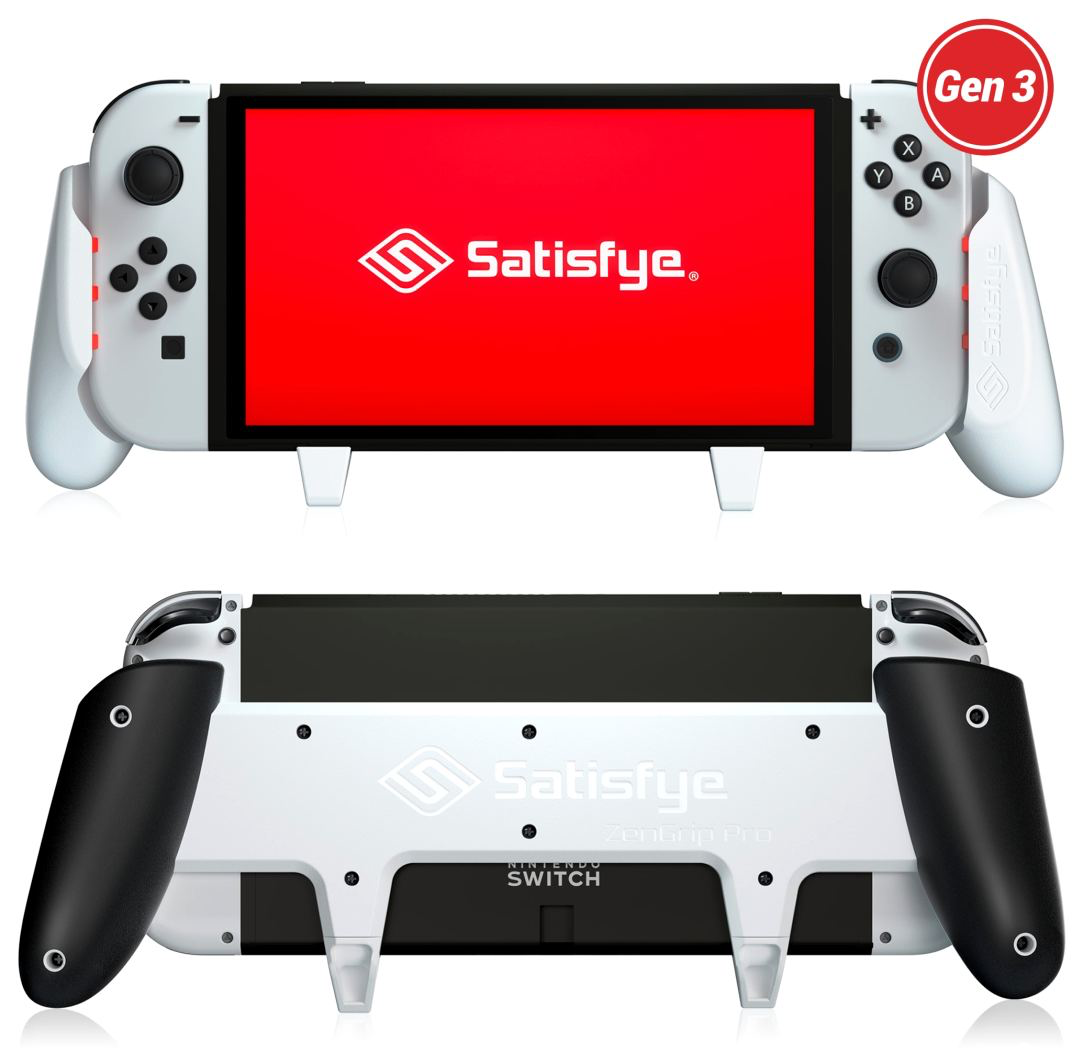 Satisfye ZenGrip Pro ergonomic grip attached to a Nintendo Switch held in two hands