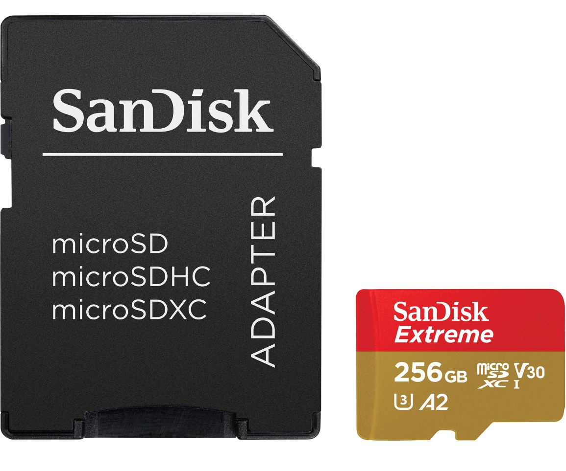 SanDisk Extreme 256GB microSDXC memory card in red and gold packaging