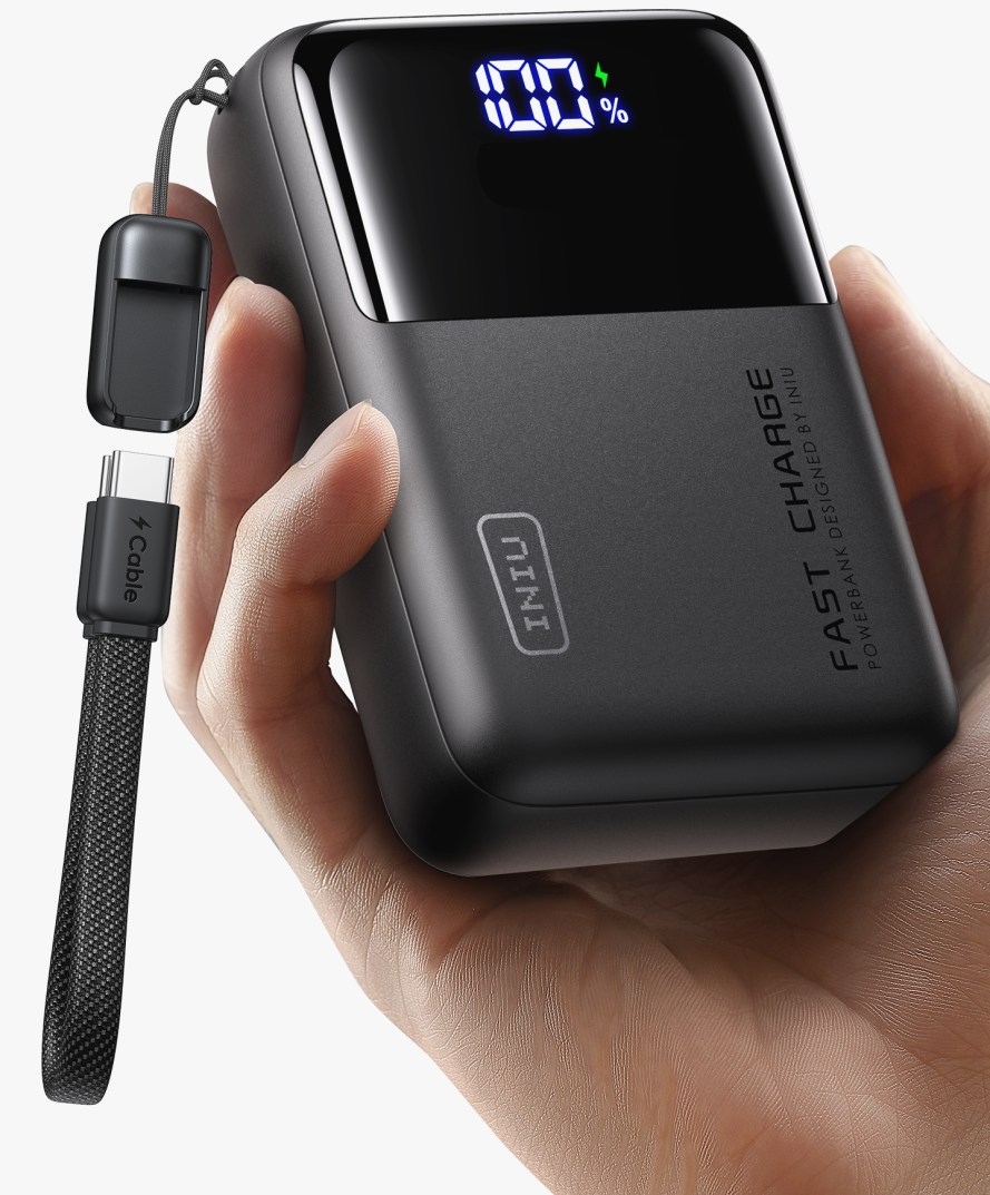 Black INIU 25,000mAh portable power bank with USB-C and USB-A ports and digital charge display